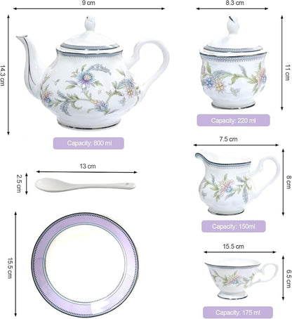 Bone China Tea Set, 21-Pieces Porcelain Tea Set - Image 9
