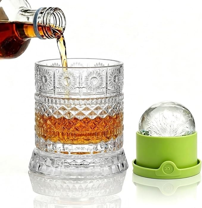 Spinning Whiskey Glass with Large Ice Ball Mold, 360° Rotating Crystal Rocks by Pewfugu