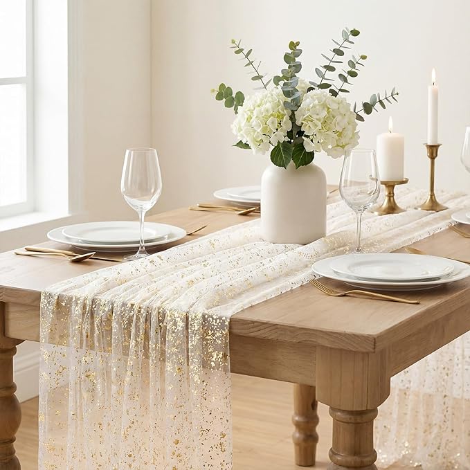 Artoid Mode Beige Gold Gauze Table Runner 59x120 Inch 10FT, Glitter Metallic Foil Sheer Dining Wedding Anniversary Holiday Birthday Table Decor for Home Party