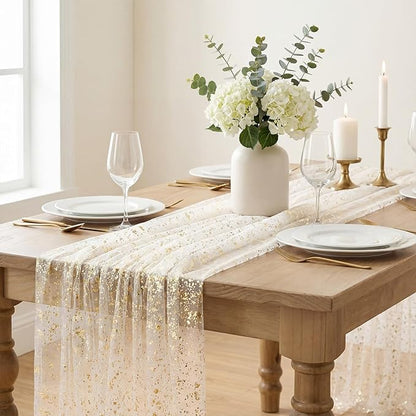 Artoid Mode Beige Gold Gauze Table Runner 59x120 Inch 10FT, Glitter Metallic Foil Sheer Dining Wedding Anniversary Holiday Birthday Table Decor for Home Party