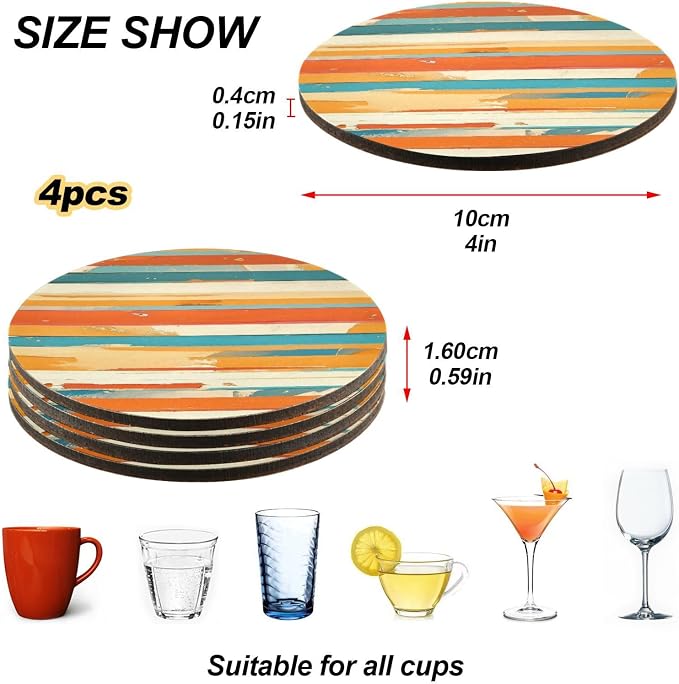 Red Stripes 4 Piecing Set Round Drink Coaster Cork Trivets - Image 4