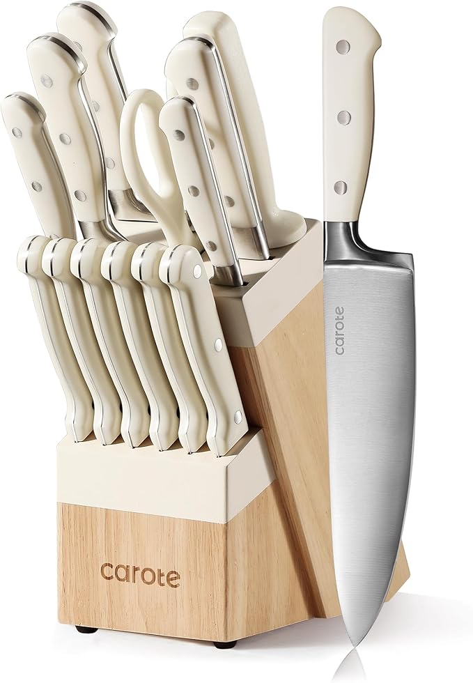CAROTE 14-Piece Knife Set with Wood Block, Rust-Resistant, Cream | Razor-Sharp by CAROTE