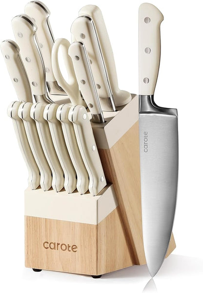CAROTE 14-Piece Knife Set with Wood Block, Rust-Resistant, Cream | Razor-Sharp by CAROTE