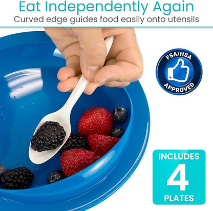Vive Spill-Proof Scoop Plate, 9" (4 Pack) - Dish with Wall for Disabled, Handicapped, Elderly Adults with Special Needs from Parkinsons, Dementia, Stroke, Tremors with - Non Skid Padded Bottom