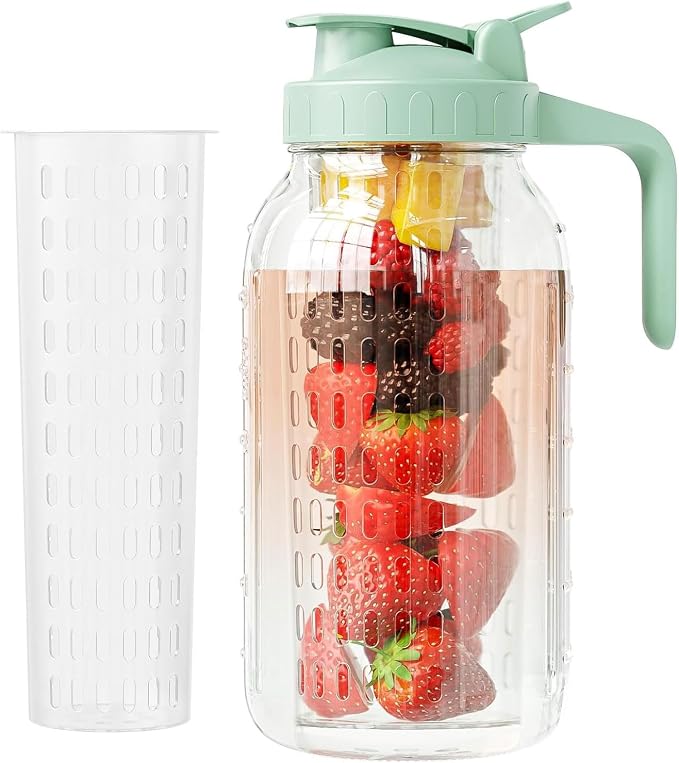Glass Mason Jar Pitcher, 64 oz Wide Mouth Jug | Dual leak-proof lid by Junvpic
