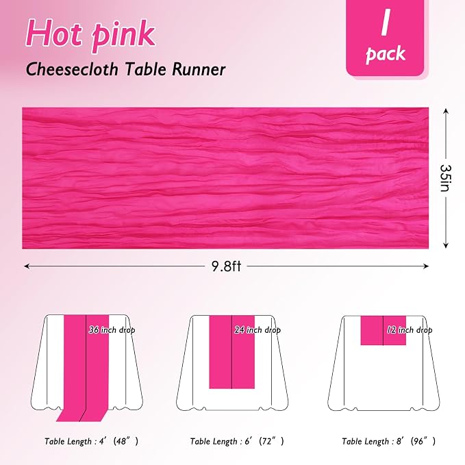 8 Pack Hot Pink Cheesecloth Table Runner 120 Inch Boho Wedding Decor | - Image 2