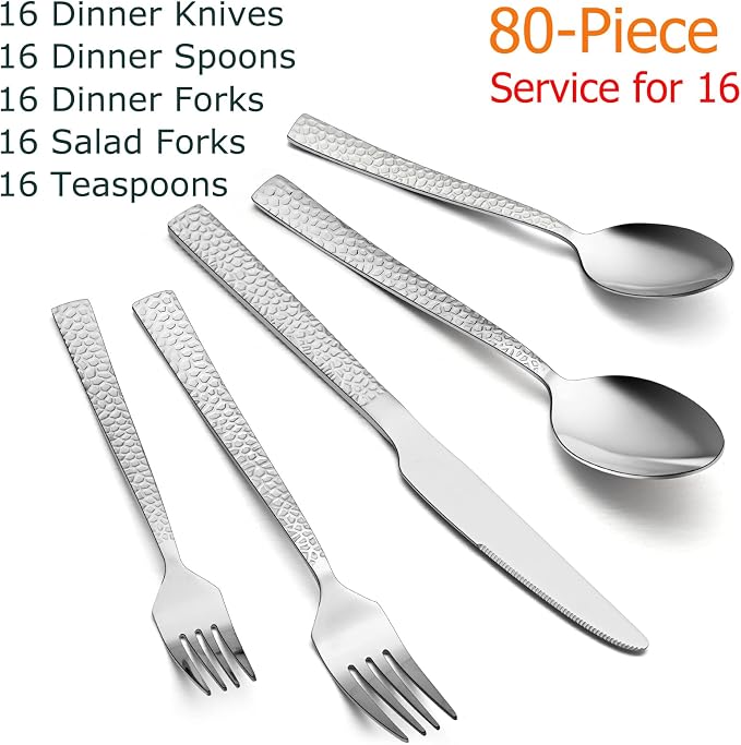 E-far 80-Piece Hammered Silverware Set, Stainless Steel Square Flatware Set - Image 2