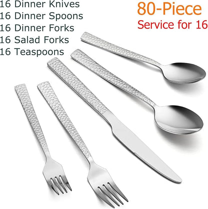 E-far 80-Piece Hammered Silverware Set, Stainless Steel Square Flatware Set - Image 2