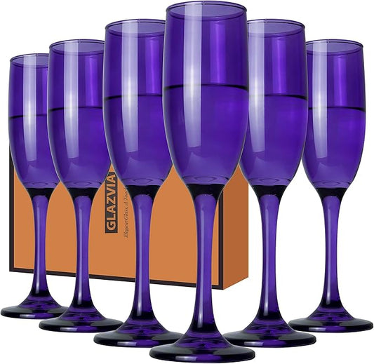 Champagne Flutes Glasses Set of 6-6oz Elegant Purple Glass, Unique Purple Colored Long Stem Champagne Flute Gift for Wedding, Anniversaries, Parties, Birthday, Restaurant, Home Bar