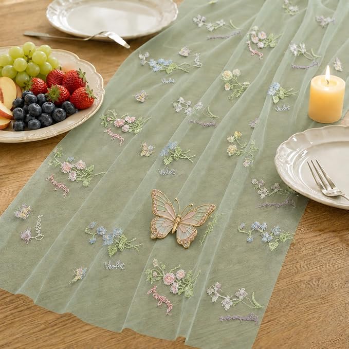 Wildflower Tulle Table Runner Butterfly Floral Wedding Party Home Decor | Sage - Image 5