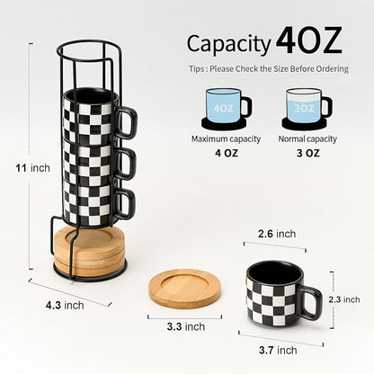 LUKA Porcelain Stackable Black and White Checkered Espresso Cups - Image 2