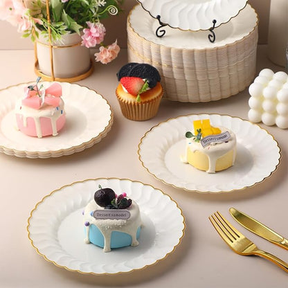 Mifoci 200 Pcs 7.5 Inch Ivory with Gold Rim Plastic Disposable Plates Bulk Salad Dessert Appetizer Cake Plates Elegant Fancy Plastic Tableware for Party Holiday, Wedding, Catering Table Decoration