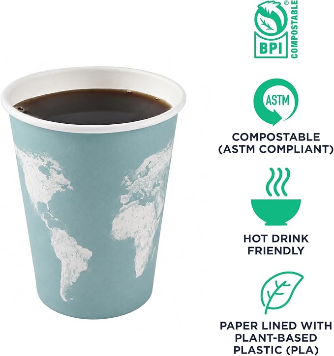 ECO PRODUCTS Compostable Disposable World Art 12oz Large Coffee Cups, Renewable - Image 4
