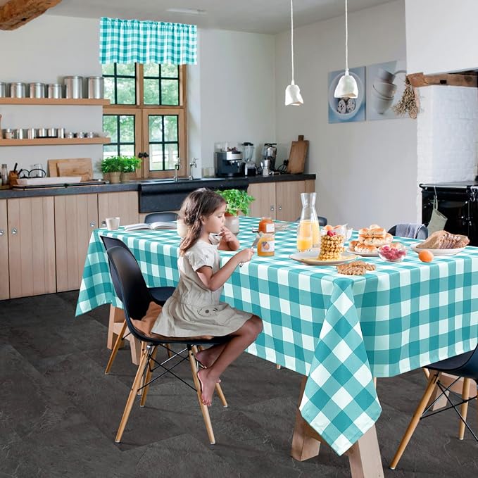 Plaid Tablecloth 2 Pack, 60 x 84 inch, Turquoise and White | Waterproof - Image 2