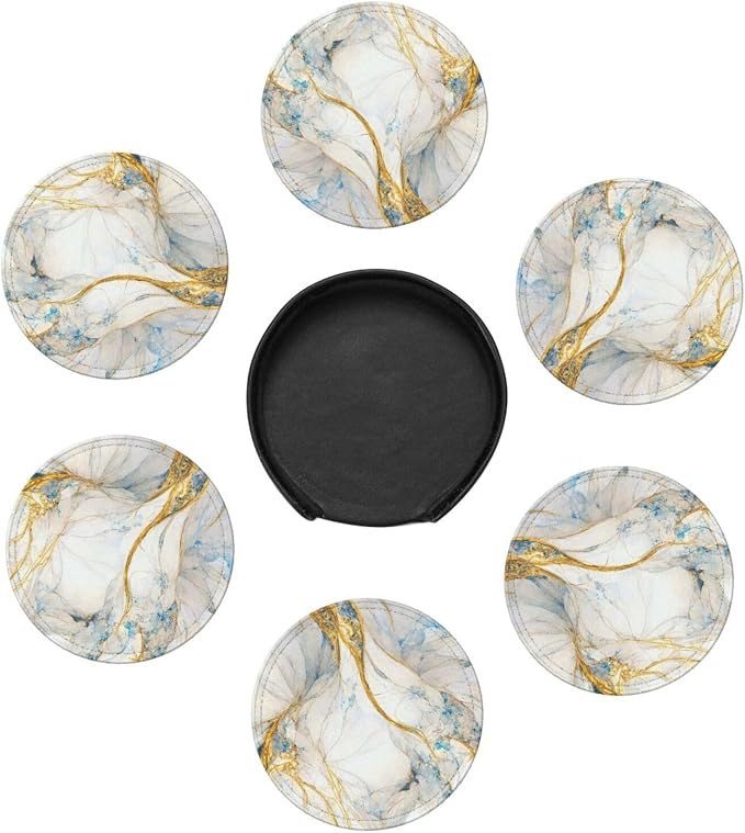 6 Pcs Abstract Luxury Blue Gold White Colors Marble Leather Coasters - Image 7