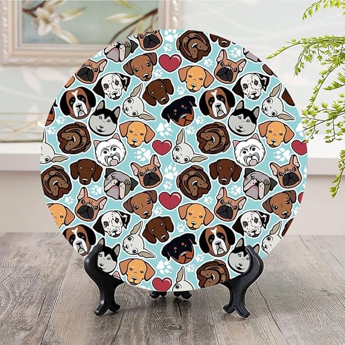 Ceramic Display Plate, Dog Lover Ceramic Hanging Decorative Plate, Canine Breeds Bulldog Chihuahua Siberians and Retriever, 7 Inch, Living Room Kitchen Decoration Household, Multicolor