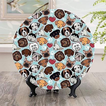 Ceramic Display Plate, Dog Lover Ceramic Hanging Decorative Plate, Canine Breeds Bulldog Chihuahua Siberians and Retriever, 7 Inch, Living Room Kitchen Decoration Household, Multicolor