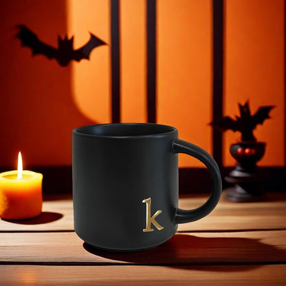 COLLECTIVE HOME Black Ceramic Coffee Mug, 15 oz Golden Monogram Tea Cup | - Image 7