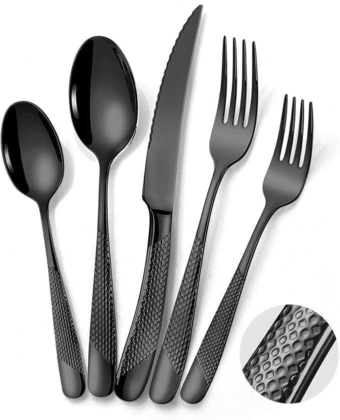 40-Piece Hammered Black Silverware Set by Lemeya