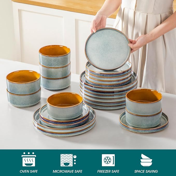 vancasso ONION Ceramic Plates and Bowls Sets, 24 Pieces Light Blue Dinnerware - Image 4