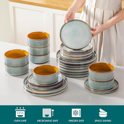 vancasso ONION Ceramic Plates and Bowls Sets, 24 Pieces Light Blue Dinnerware - Image 4