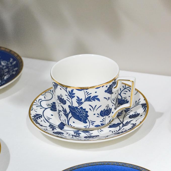 ACMLIFE Bone China Tea Cups and Saucers Set of 4, 6.8 oz Blue and White Tea - Image 4