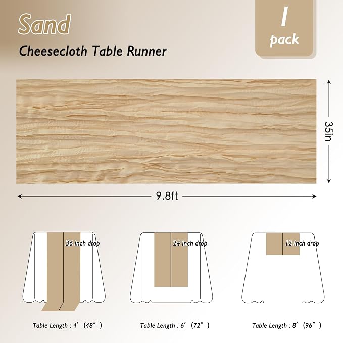 8 Pack Sand Cheesecloth Table Runner 120 Inch Boho Wedding Decor | Cheesecloth - Image 2