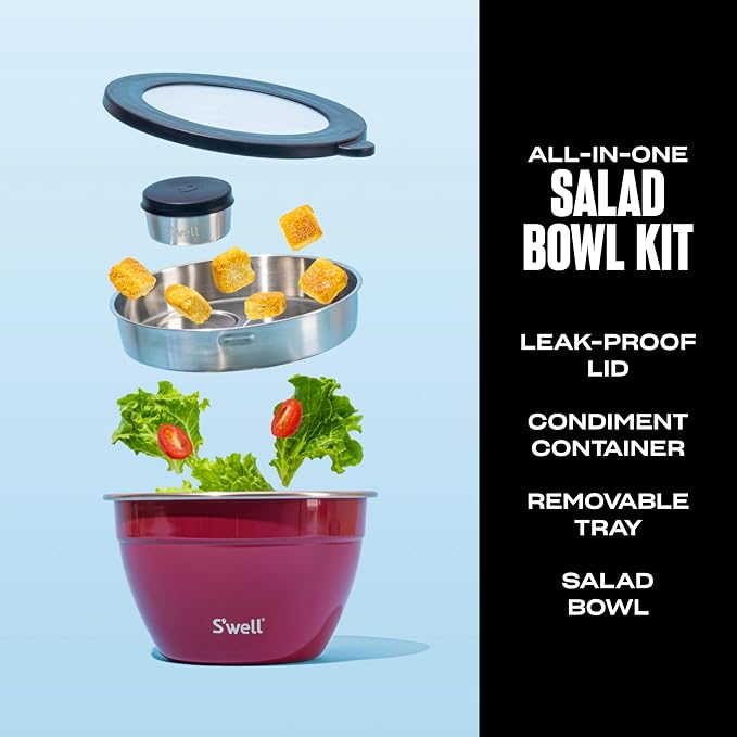 S'well Stainless Steel Salad Bowl Kit 64oz, Wild Cherry, Comes - Image 2