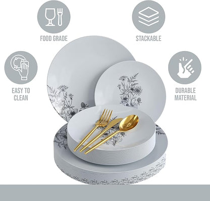 Trendables Fancy Plastic Dinnerware Sets 100 Pc 20 Guests Gold Silverware Disposable 20 X 10 Inch Charger Plates 20 X 8 Inch Dessert Plates 20 x Gold Plastic Forks and Spoons Knives In Dandelion Bloom