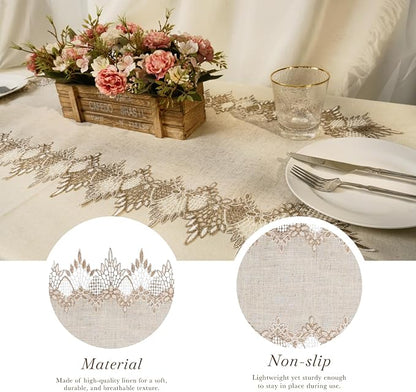 Phantomon Neutral Linen Table Runner 36 Inches Beige Embroidered Runner Lace - Image 2