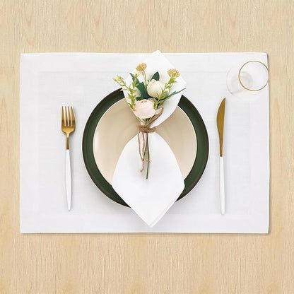 Solino Home Linen White Placemats Set of 4 - 100% Pure Linen Placemats 14 x 19 Inch for Winter, Valentines, Spring, Easter - Fete