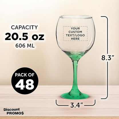 Custom Premiere Wedding Wine Glasses 20.5 oz Set of 48, Personalized Bulk Pack - Restaurant Glassware, Perfect for Red Wine or White Wine - Green
