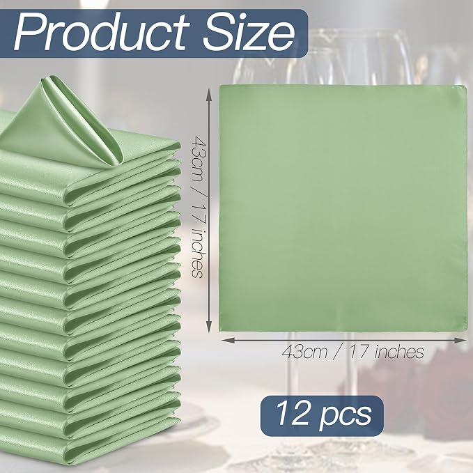 P Pothuiny 12 Pcs Sage Green Satin Napkins 17 x 17 in, Satin Cloth Napkins | - Image 2