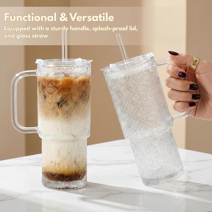 20 oz Glass Tumbler with Lid and Straw, Glass Iced Coffee Cups, Spill-proof - Image 2