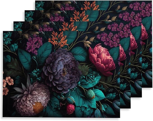 12"x18" Dark Black Pink Purple Red Peony Floral Placemats Set of 4 Washable Thick Place Mats Kitchen Table Mats Decorative Linen Fabric Table Mat for Dining Table Kitchen Home Decor