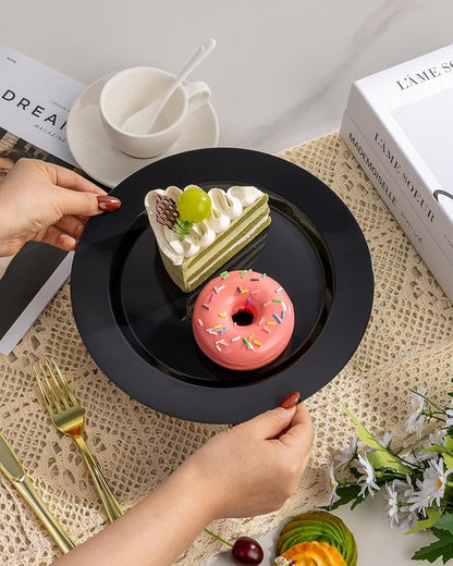 BESTVIP 50PCS Black Plastic Plates, 10.25 Inch Disposable Dinner Plate Party, Heavy Duty Disposable Plastic Plates - Ideal for Parties, Wedding and Birthday, Everyday Meals Use