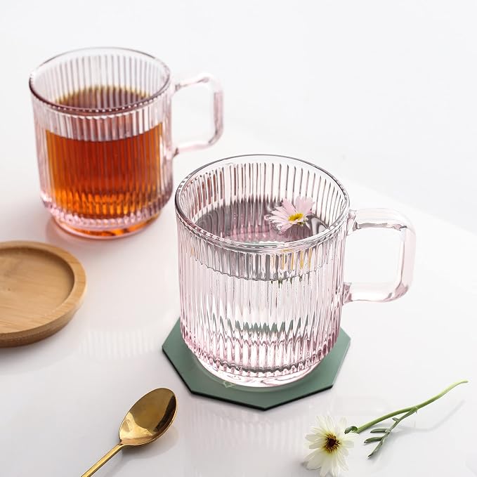 Lysenn Pink Glass Mug with Lid, Premium Glass Coffee Mug, 12 oz Tea Cup | - Image 3