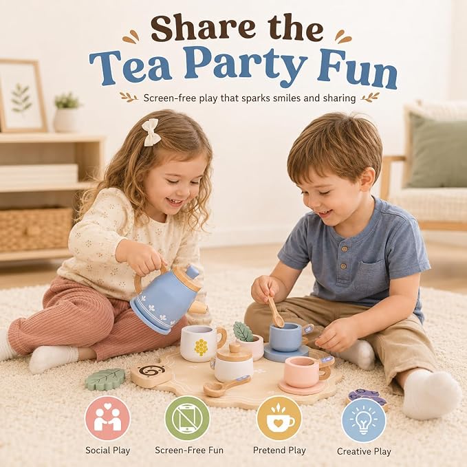 Wooden Blue Tea Set Toys - Image 3