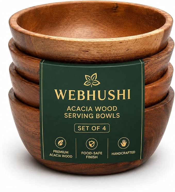 Acacia Wood Bowl Set of 4, 4.75-Inch Medium Serving Bowls, 150 Cubic cm Volume by WEBHUSHI