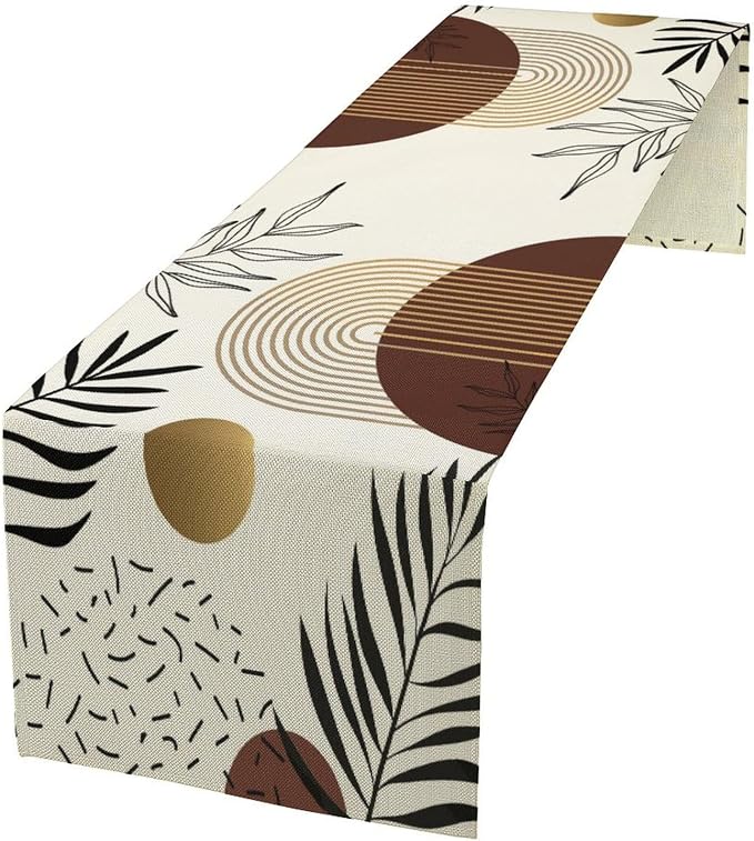 Brown Abstract Mid Century Table Runner Boho Tropical Leaves Botanical by moderw