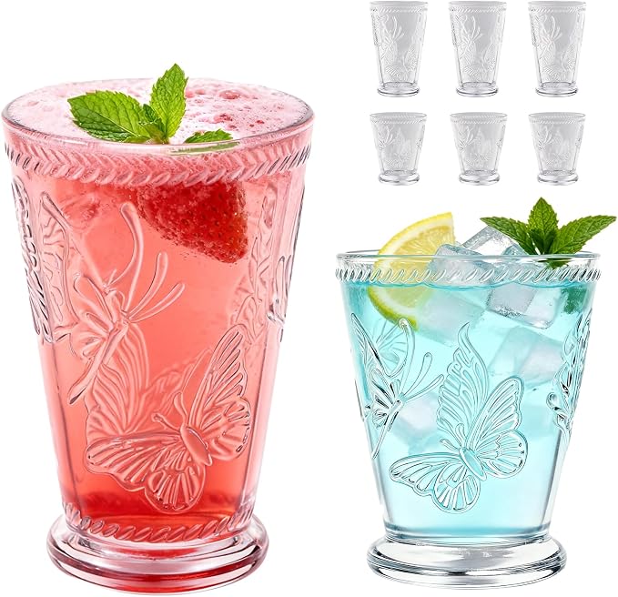 6 Pack Embossed Vintage Mixed Drinking Glasses, 12 Oz & 9 Oz Glasses | Embossed by Unknown