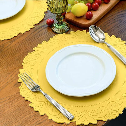 Noctiflorous Round Faux Leather 15 Inch Placemats Set of 4 Waterproof Wipeable Heat Resistant Tablemat for Dining Table Kitchen Non Slip Washable Oilproof Table Place Mat(Mango Yellow, 4)