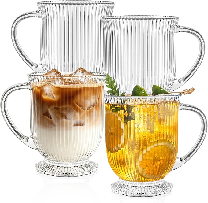 KEMORELA 16oz Ribbed Glass Coffee Mugs Set, Large Glass Mugs by KEMORELA