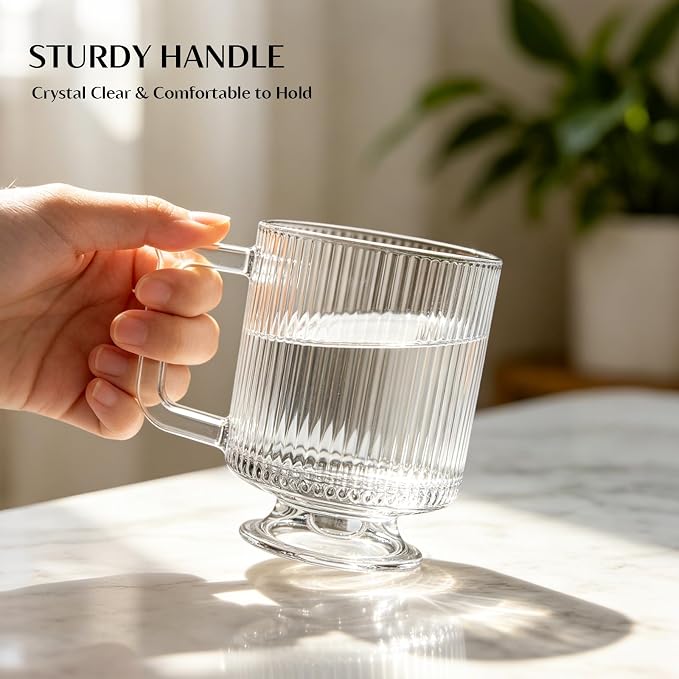 INSETLAN 6-Piece Ribbed Glass Coffee Mug Set, 10 oz Clear Glass Tea Cups - Image 2