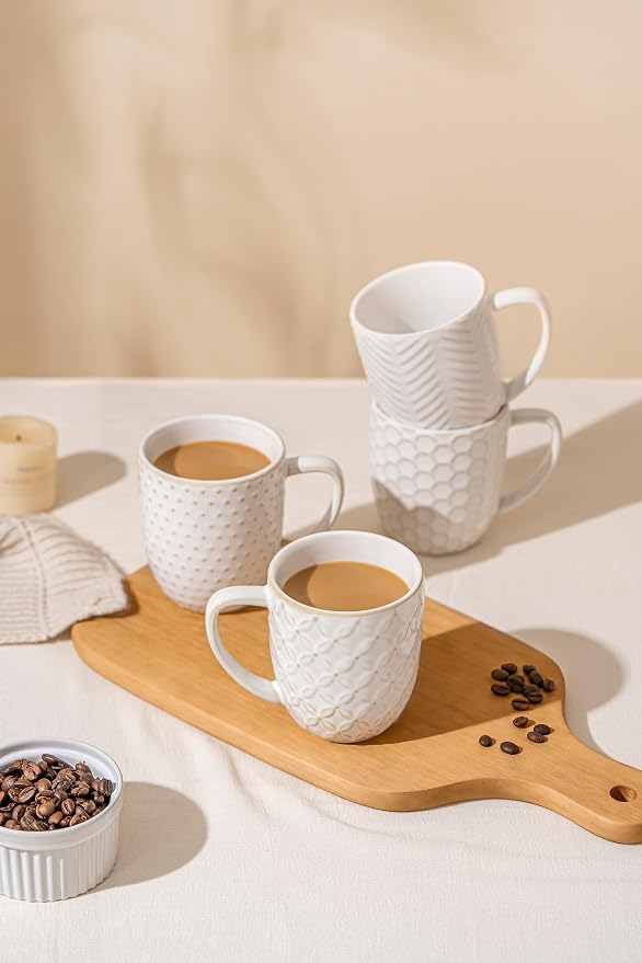 FOBENTA Ceramic Coffee Mugs Set of 4, 12oz Embossed Cups - Image 8