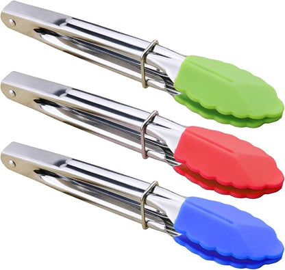 Mini Tongs with Silicone Tips 7-Inch Serving Tongs, Set of 3 (Green Red Blue)