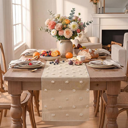 Artoid Mode Champagne Pom Pom Tulle Table Runner, Seasonal Washable Kitchen - Image 2