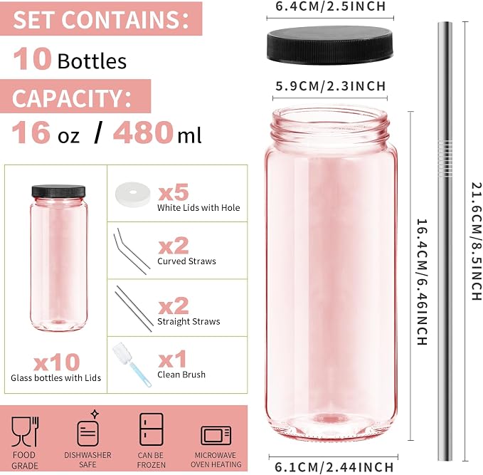 Ruckae Pink 16oz 10 Pack Juice Bottles, Glass Bottles Juicing - Image 2