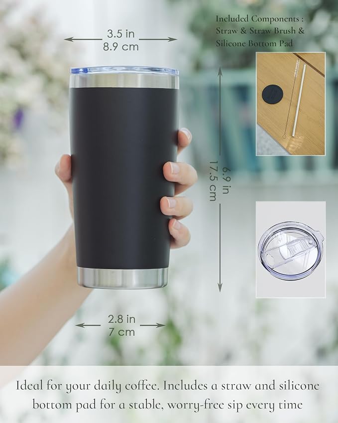 20oz Travel Coffee Tumbler 8 Pack, Lids and Straws, Stainless Steel | Double - Image 2