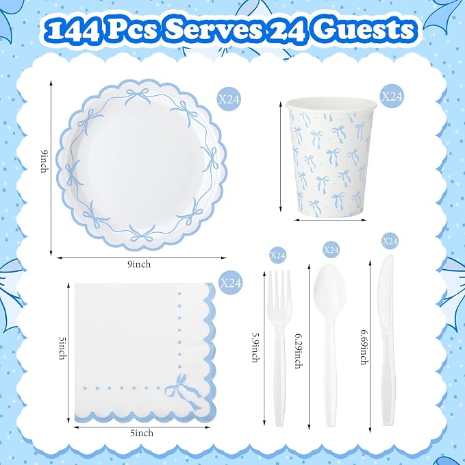 Sieral 144 Pcs Coquette Birthday Decor, Scalloped Paper Plates, Napkins Cups - Image 2
